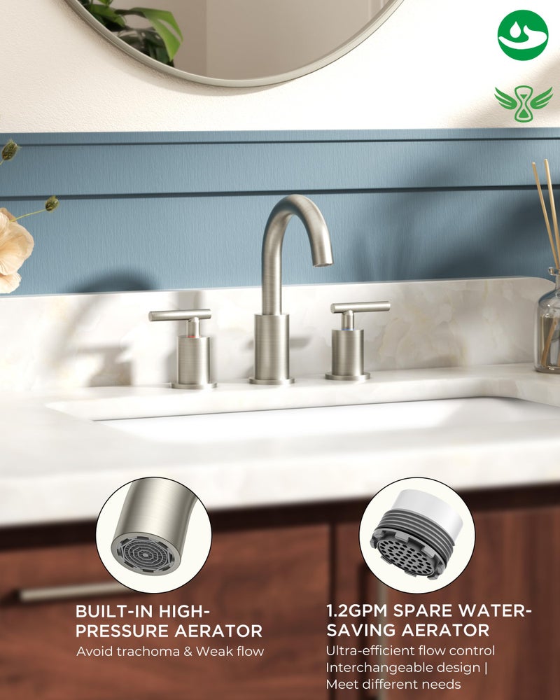 FORIOUS Brushed Nickel Bathroom Faucet 3 Hole Vanity with Metal Pop Up Drain and 24" Supply Lines, 2 Handle 8 Inch Widespread Faucet for Bathroom Sink 3 Hole Brushed Nickel with 360Â° Swivel Spout - Image 4